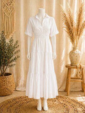 Cupshe White Tiered Midi Dress Boho Cottagecore Smocked Waist NWT Size Small